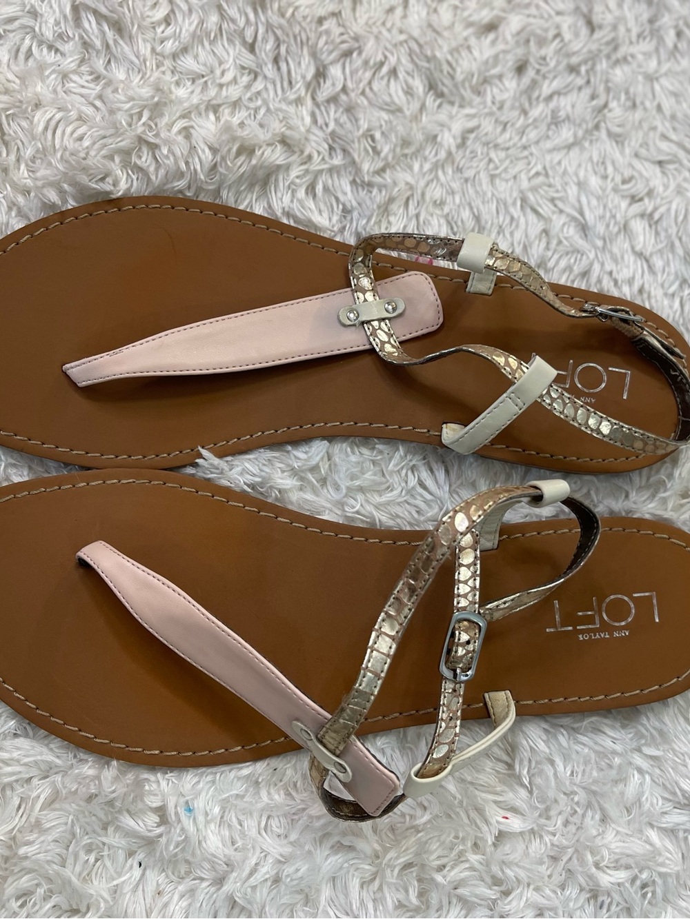 LOFT Pink and Metallic Snake-Print T-Strap Sandals